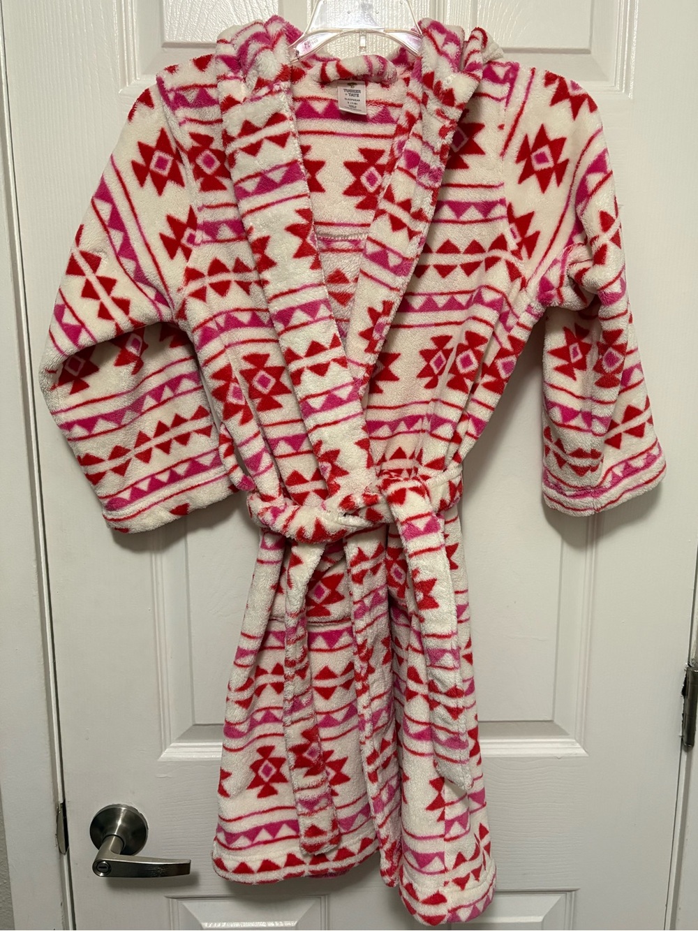 *Tucker + Tate Cream Fleece Red & Pink Aztec Print Small Hooded Belted Robe #IR